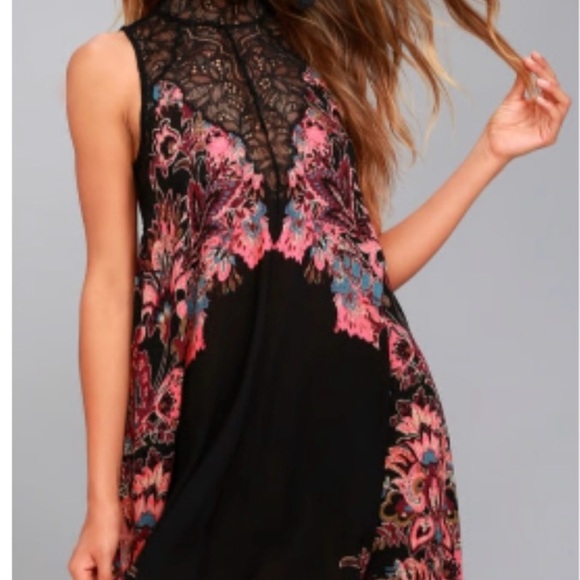 Free People Marsha Black and Pink Floral slip  Dress Medium - Picture 2 of 13